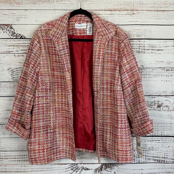 Women's NWT Alfred Dunner Pink Red Tweed Open Front Blazer Jacket Lined Size 20 - Picture 1 of 8